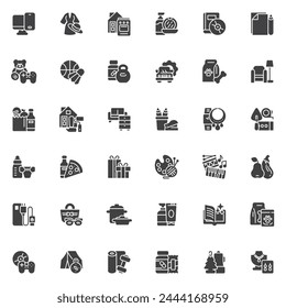 Online-Shopping-Kategorien Vektor-Icons-Set, moderne solide Symbol-Kollektion, gefüllter Stil Piktogramm-Pack. Schilder, Logo-Illustration. Das Set enthält Symbole wie Elektronik-Zubehör, Bürobedarf