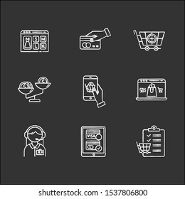 Online shopping chalk icons set. Customer support service. Payment option, compare product price. Shopping list. Internet shop, online store application. Isolated vector chalkboard illustrations