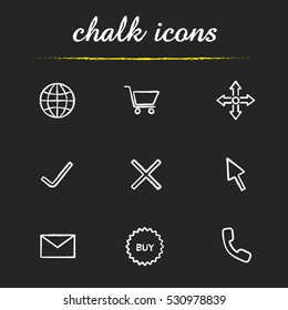 Online shopping chalk icons set. Worldwide and delivery symbols, shopping cart, yes and no signs, computer cursor, message, buy sticker, handset. Isolated vector chalkboard illustrations