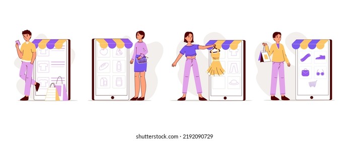 Online shopping characters, people buying goods in mobile store. Internet purchases, online retail and grocery store customers flat vector illustration. Outline mobile shopping collection