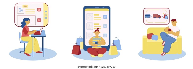 Online shopping. Characters use mobile app and online store to buy goods. e-commerce concept. Customers visit internet market. Flat vector illustration set