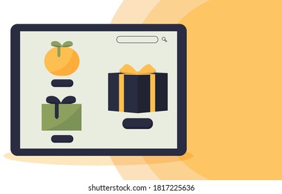 Online shopping with Christmas gifts - flat design illustration. Colorful vector graphic concept for ordering online gifts individually on a light white and yellow background. Copyspace for your text.