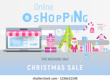 Online Shopping Christmas Sale Banner - Santa Claus, Snowman, Fir Tree and Purchases near Big Laptop with Store Shop. Vector Illustration for Mobile Apps and Web Site Design.