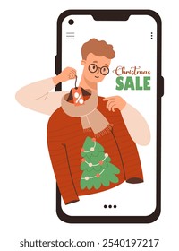 Online Shopping. Christmas Sale. Cute man in phone trying on winter clothes, scarf and ugly Xmas sweater with tree on hanger. Vector illustration. Holiday shopper character. Shop in smartphone.