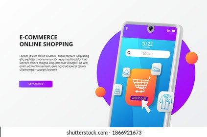 Online shopping click buy on mobile e commerce landing page concept digital marketing promotion 3d phone illustration