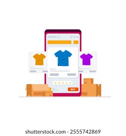 Online shopping clothes concept with a smartphone and a cardboard parcel box. E-commerce vector illustration for fashion and retail.