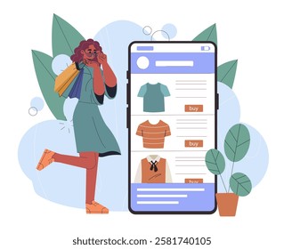 Online shopping for clothes. Woman buying tshirts on internet. Electronic commerce and retail. Fashionable boutique. Marketing and commerce. Flat vector illustration