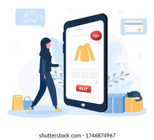 Online shopping. Clothing delivery. Arab woman shop at an online store sitting on floor. The product catalog on the web browser page. Stay at home background. Quarantine or self-isolation. Flat style.