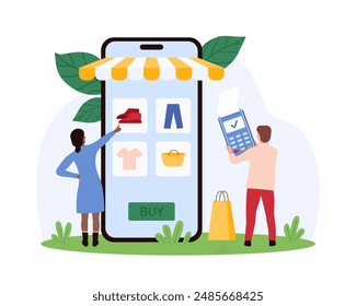 Online shopping in clothing store, sales in retail shop mobile app. Tiny people select product category on smartphone screen to pay for order and buy clothes and shoes cartoon vector illustration