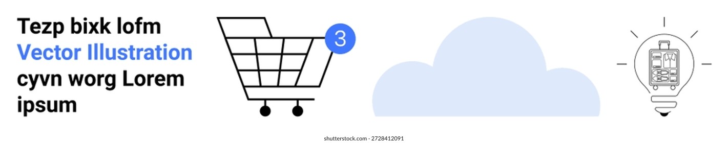 Compras online, cloud computing, App móviles, integración tecnológica, marketing digital, innovación. Carrito de compras con notificaciones, una nube y una bombilla con un diseño de App móvil. Comercio electrónico