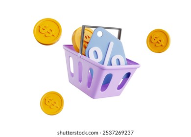 Compras on-line com moedas e códigos de desconto no carrinho. Moedas de dólar flutuando em torno da cesta. renderização 3D.