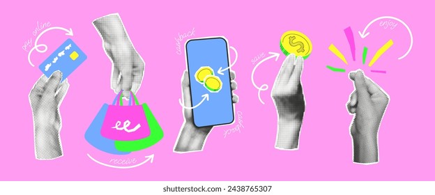 Online shopping collage elements set. Halftone hands holding shopping bags, credit card, money. Concept of online payment, saving money, cashback. Modern retro y2k vector illustration