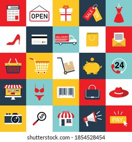 online shopping collection flat icons. vector illustration style modern design. e-commerce color symbol set. simple web store sign. element is trade basket, cart, electronic payment. 