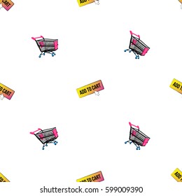Online shopping collection. Vector shopping cart and add to cart button seamless pattern. Fashion illustration, patches, stickers. Hand sketched background in vogue style.