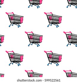 Online shopping collection. Vector shopping cart seamless pattern. Fashion illustration, patches, stickers. Hand sketched background in vogue style.