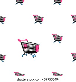 Online shopping collection. Vector shopping cart seamless pattern. Fashion illustration, patches, stickers. Hand sketched background in vogue style.