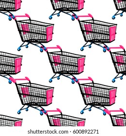 Online shopping collection. Vector shopping cart seamless pattern. Fashion illustration, patches, stickers. Hand sketched background in vogue style.