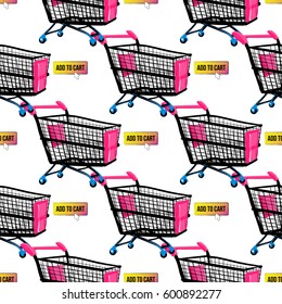 Online shopping collection. Vector shopping cart and add to cart button seamless pattern. Fashion illustration, patches, stickers. Hand sketched background in vogue style.