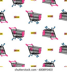 Online shopping collection. Vector shopping cart and add to cart button seamless pattern. Fashion illustration, patches, stickers. Hand sketched background in vogue style.