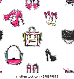 Online shopping collection. Vector seamless pattern with shopping cart, bride flat and high heel shoes, fashionable clutch, ladies bag and handbag. Fashion illustration, patches, stickers.