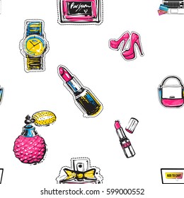 Online shopping collection. Vector seamless pattern with shopper laptop, red lipstick, classic french perfume, wrist watch, pink nude heels, ladies handbag. Fashion illustration, patches, stickers.