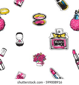 Online shopping collection. Vector seamless pattern background with pink lipstick, gift box, engagement ring box, bouquet of roses, red lipstick, blush, classic french perfume. Fashion patch, sticker.