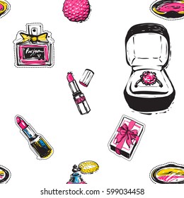 Online shopping collection. Vector seamless pattern background with pink lipstick, gift box, engagement ring box, bouquet of roses, red lipstick, blush, classic french perfume. Fashion patch, sticker.