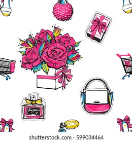 Online shopping collection. Vector seamless pattern with shopping cart, gift box, bride shoes, bouquet of roses, blush, classic french perfume, ladies handbag. Fashion illustration, patches, stickers.