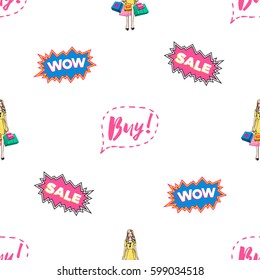 Online shopping collection. Vector seamless pattern with surprised shopping woman and comic bubble labels: wow, sale, buy. Fashion illustration, patch, sticker. Hand sketched background in vogue style