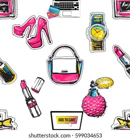 Online shopping collection. Vector seamless pattern with shopper laptop, red lipstick, classic french perfume, wrist watch, pink nude heels, ladies handbag. Fashion illustration, patches, stickers.