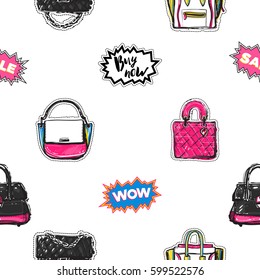 Online shopping collection. Vector seamless pattern with fashionable clutch, leather handbag, ladies bags, and labels: wow, sale, buy now. Fashion patches, stickers. Hand sketched background.