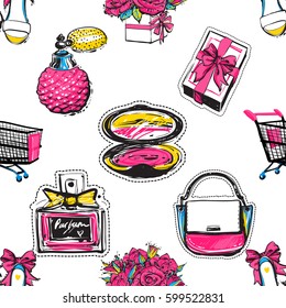 Online shopping collection. Vector seamless pattern with shopping cart, gift box, bride shoes, bouquet of roses, blush, classic french perfume, ladies handbag. Fashion illustration, patches, stickers.