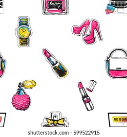 Online shopping collection. Vector seamless pattern with shopper laptop, red lipstick, classic french perfume, wrist watch, pink nude heels, ladies handbag. Fashion illustration, patches, stickers.