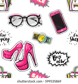 Online shopping collection. Vector seamless pattern with sale online labels, wrist watch, pink heels, hipster glasses, ladies bag, smartphone. Fashion patch, sticker. Hand sketched background.