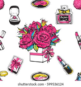 Online shopping collection. Vector seamless pattern background with pink lipstick, gift box, engagement ring box, bouquet of roses, red lipstick, blush, classic french perfume. Fashion patch, sticker.