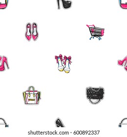Online shopping collection. Vector seamless pattern with shopping cart, bride flat and high heel shoes, fashionable clutch, ladies bag and handbag. Fashion illustration, patches, stickers.