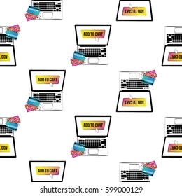 Online shopping collection. Vector shopper laptop with add to cart button on screen seamless pattern. E-commerce concept. Hand sketched background.