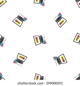 Online shopping collection. Vector shopper laptop with add to cart button on screen seamless pattern. E-commerce concept. Hand sketched background.