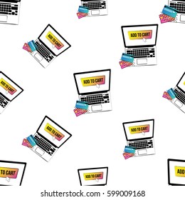 Online shopping collection. Vector shopper laptop with add to cart button on screen seamless pattern. E-commerce concept. Hand sketched background.
