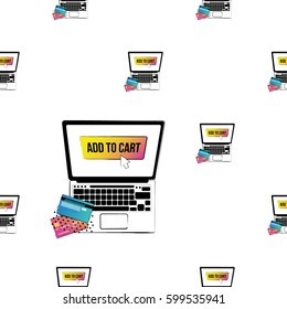 Online shopping collection. Vector shopper laptop with add to cart button on screen seamless pattern. E-commerce concept. Hand sketched background.