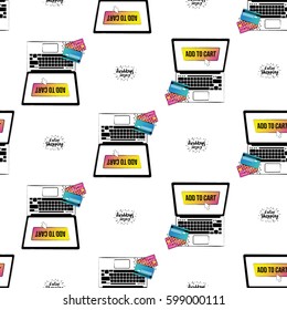Online shopping collection. Vector shoppers laptop and online shopping label seamless pattern. E-commerce concept endless background.