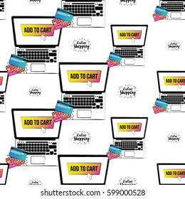 Online shopping collection. Vector shoppers laptop and online shopping label seamless pattern. E-commerce concept endless background.