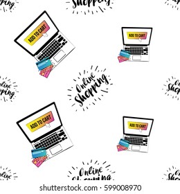 Online shopping collection. Vector shoppers laptop and online shopping label seamless pattern. E-commerce concept endless background.