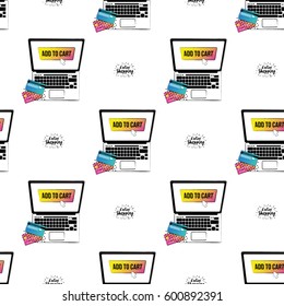Online shopping collection. Vector shoppers laptop and online shopping label seamless pattern. E-commerce concept endless background.