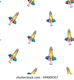 Online shopping collection. Vector surprised shopper woman seamless pattern. Fashion illustration, patches, stickers. Hand sketched background in vogue style.