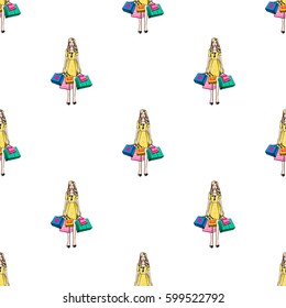 Online shopping collection. Vector surprised shopper woman seamless pattern. Fashion illustration, patches, stickers. Hand sketched background in vogue style.
