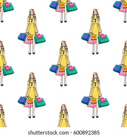 Online shopping collection. Vector surprised shopper woman seamless pattern. Fashion illustration, patches, stickers. Hand sketched background in vogue style.