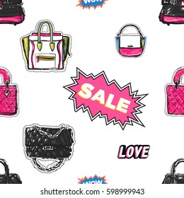 Online shopping collection. Vector wow, sale and love labels, fashionable clutch, leather handbag, ladies bags seamless pattern. Fashion illustration, patches, stickers. Hand sketched background.
