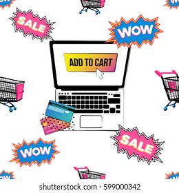 Online shopping collection. Vector wow label, shopper laptop, shopping cart, sale cloud seamless pattern. Fashion illustration, patches, stickers. Hand sketched background in vogue style.