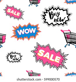 Online shopping collection. Vector wow label, shopping cart, sale cloud, buy now label seamless pattern. Fashion illustration, patches, stickers. Hand sketched background in vogue style.